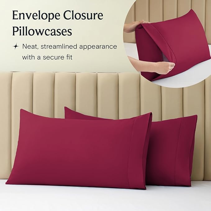 LuxClub 4 PC California King Sheet Set, Breathable Luxury Bed Sheets, Deep Pockets Wrinkle Free Cooling Sheets Machine Washable Hotel Bedding Silky Soft - Burgundy Cal King