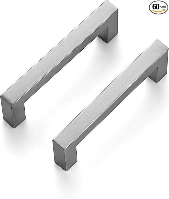Ravinte 60 Pack 3-3/4 Inch Square Cabinet Handles Satin Nickel Pulls Brushed Nickel Drawer Pulls Kitchen Cupboard Hardware for Cabinets Cupboard Drawer Handles