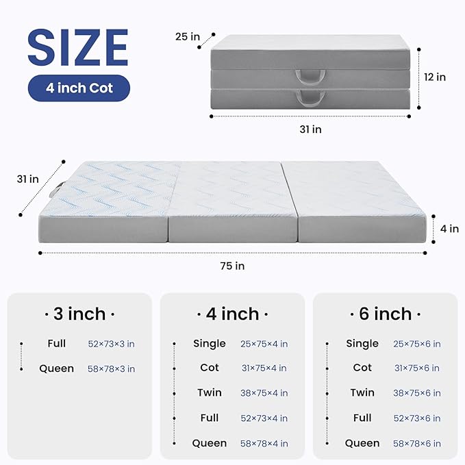 Foldable Mattress Cot 4 inch -Portable White Memory Foam Folding Matress with Washable Cover for Camping Travel Guest Room Home Use-Non-Slip&Easy Storage