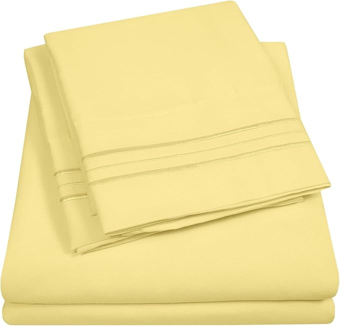 Sweet Home Collection Twin XL Size Sheet Set with Built-in Sheet Straps - Deep Pocket Fitted Sheet, Flat Sheet & Pillowcases - Soft, Wrinkle-Free, Secure Fit - Pale Yellow