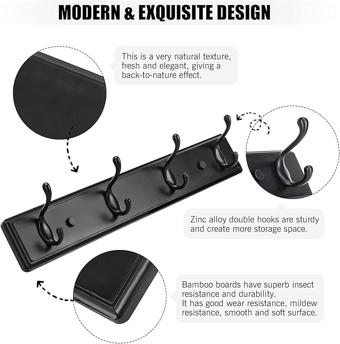 Wooden Coat Rack, Wall-Mounted Organizer for Closet, Entryway, Hallway, Foyer, Bedroom, Heavy Duty Double Hooks for Hanging Towels, Bags, Hats, Jackets, Key (Black, 4 Hooks)