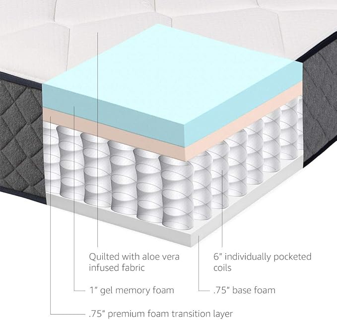 Amazon Basics Memory Foam Mattress, Twin Size Mattress, Hybrid, 10-Inch, Medium Feel, Motion Isolation Springs, White/Gray