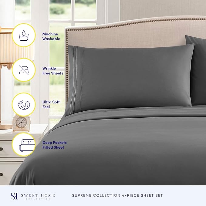 Queen Size Bed Sheets - Breathable Luxury Sheets with Full Elastic & Secure Corner Straps Built In - 1800 Supreme Collection Extra Soft Deep Pocket Bedding Set, Sheet Set, Queen, Gray