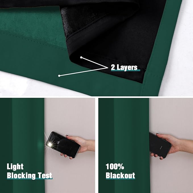 ChrisDowa 100% Blackout Curtains for Bedroom with Black Liner, 2 Thick Layers Total Blackout Thermal Insulated Grommet Window Curtains 2 Panels Set (Forest Green, 42 x 63 Inch)