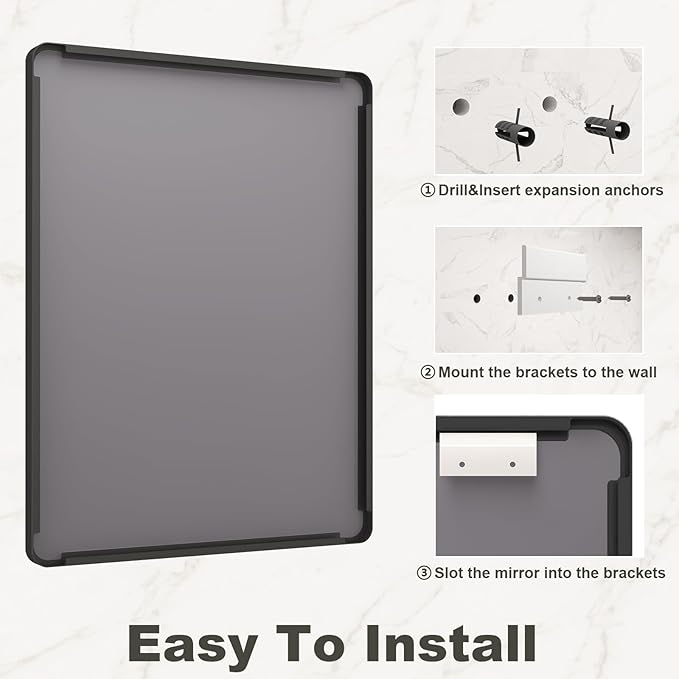 28x36 Inch Black Framed Bathroom Mirror for Wall, Matte Black Metal Frame Mirror, Rounded Rectangle Mirror, Anti-Rust, Shatterproof (Horizontal/Vertical)