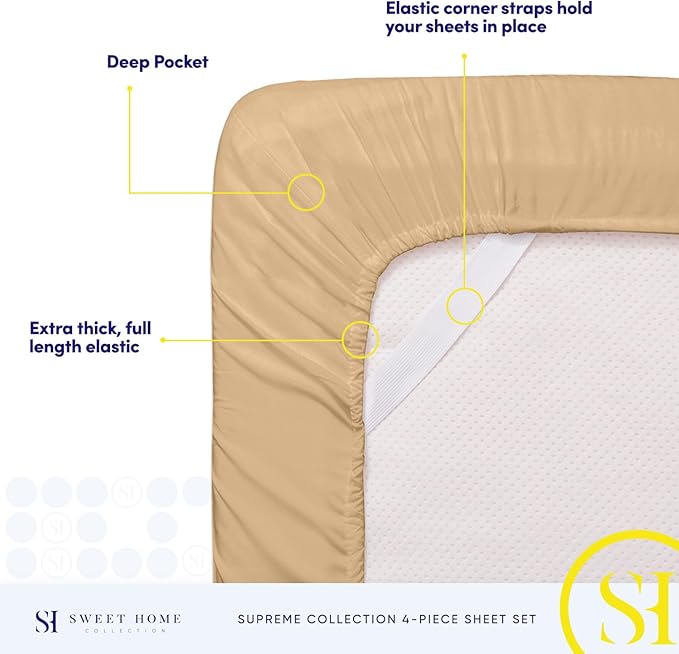 Queen Size Bed Sheets - Breathable Luxury Sheets with Full Elastic & Secure Corner Straps Built In - 1800 Supreme Collection Extra Soft Deep Pocket Bedding Set, Sheet Set, Queen, Camel
