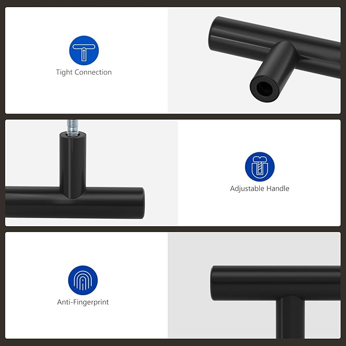 LONTAN 50 Pack Black Knobs for Cabinets and Drawers Kitchen Cabinet Knobs for Dresser Bathroom Modern T Bar Furniture Black Hardware,Stainless Steel