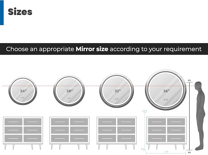 Fab Glass 32 Inch Front Lit LED Circle Vanity Bathroom Mirror, Anti-Fog Dimmable Touch & 3 Color Modes Round Framed LED Mirror 32" L X 32" W Black