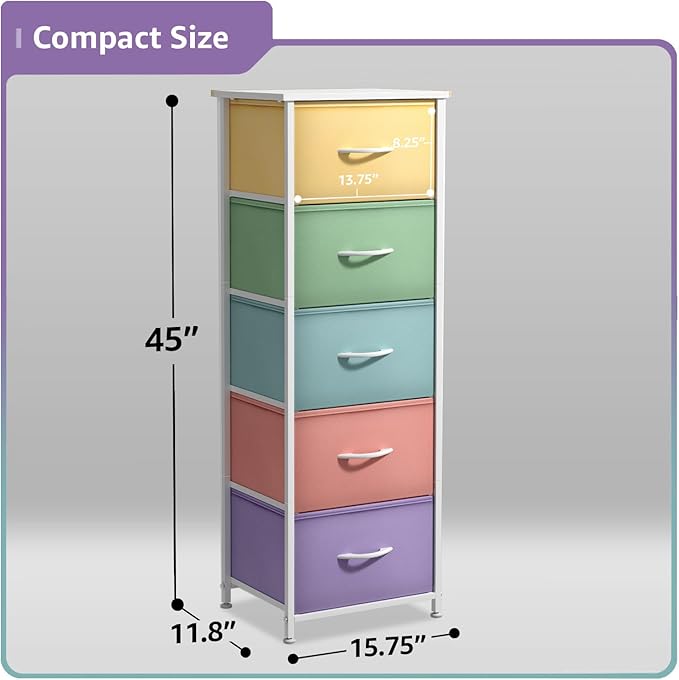 Sorbus Fabric Dresser for Kids Bedroom - Chest of 5 Drawers, Tall Storage Tower, Clothing Organizer, for Closet, for Playroom, for Nursery, Steel Frame, Fabric Bins - Wood Handle (Pastel)