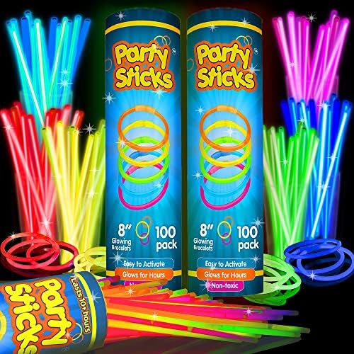 Glow Sticks Bulk Neon Party Supplies - 200 8” Neon Party Glow Sticks w/ Connectors for Glow Necklaces and Glow Bracelets Glow in the Dark Party Supplies by PartySticks