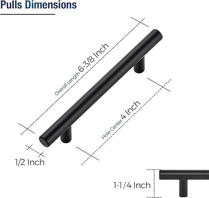 JOY DECOR 3 Pack Cabinet Handles, Black Cabinet Pulls, 4 in Hole Center Kitchen Hardware, Stainless Steel T Bar Handles for Dresser Drawers
