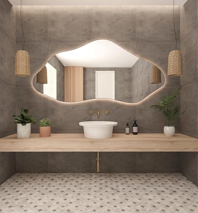 Asymmetrical Bathroom LED Mirror, Modern Irregular Shape Wall Mirror with LED Lights, Frameless Aesthetic Backlit LED Illimunated Vanity Mirror (43" x 21" inc)