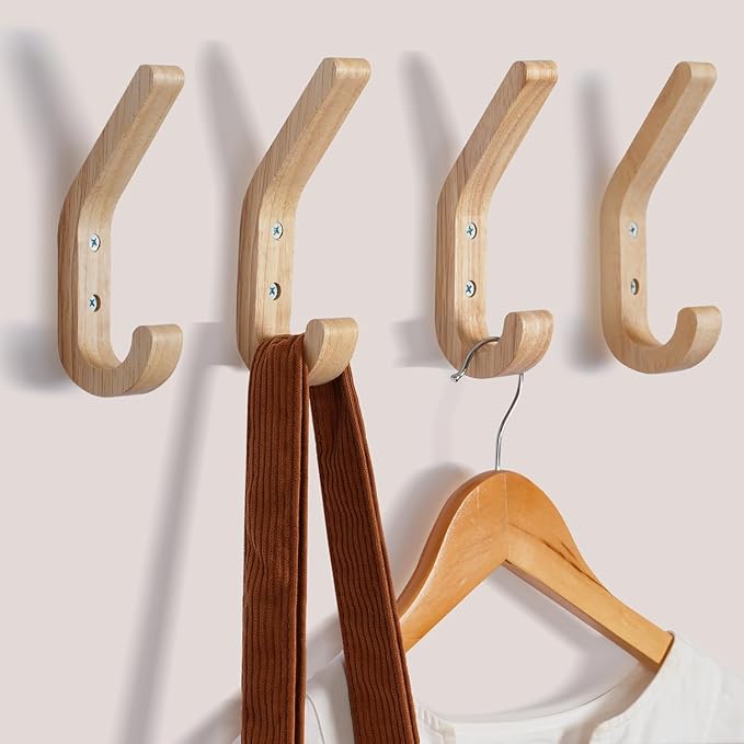 Natural Wood Wall Hooks,4 Pack Wall Mounted Wooden Coat Hooks,Modern Decorative Wooden Peg Hook for Entrance Wall,Heavy Duty Bag Hanger Hooks for Hanging Coats,Key,Towels,Purse(Oak Wood)