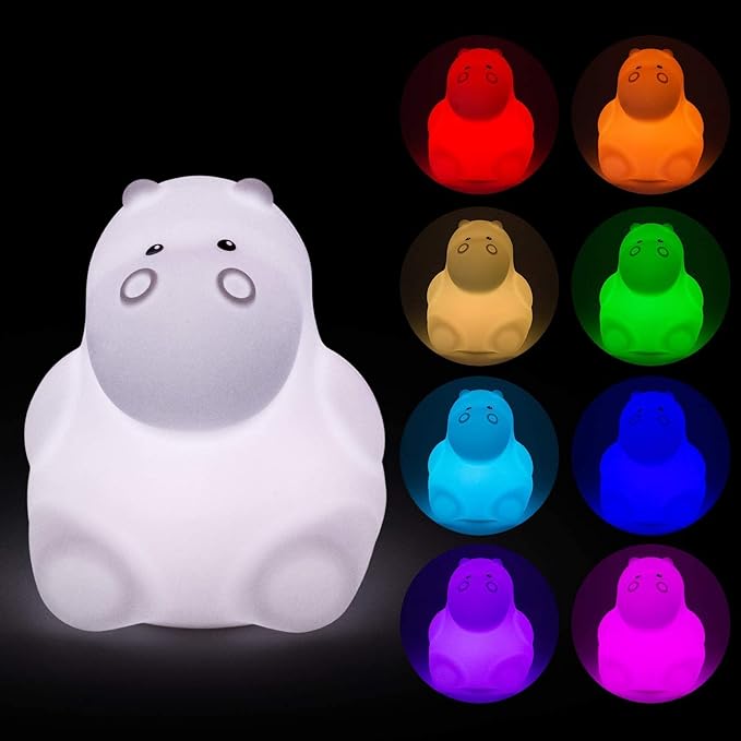Night Light, Kids Bedside Lamp, Baby Nursery Lamp for Breastfeeding Safe, Break Resistant, Eye Caring, Adjustable Brightness & Color, Timing Function, Remote Control + Touch Control - Hippo