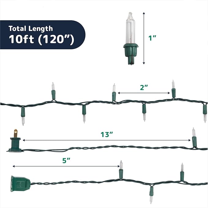 PREXTEX 50 Count Clear Christmas Tree Lights - 10 ft Warm Fairy String Lights with Green Wire - Indoor and Outdoor Mini Light for Christmas, Holiday Decorations, Trees, Fences, Patios and More