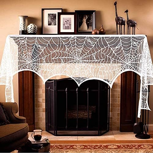 AerWo Halloween Fireplace Mantel Scarf, Halloween Decorations White Lace Spiderweb Fireplace Cover Festive Party Supplies,18 x 98 inch - Image 4