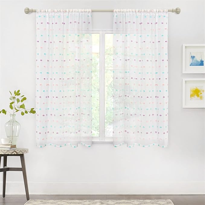 MYSKY HOME Small Curtains for Kitchen Windows Rainbow Pom Pom Curtains for Bedroom Light Filtering White Sheer Curtains for Nursery Cafe Bathroom Privacy Rod Pocket Voile 52 x 45 inch 2 Panels