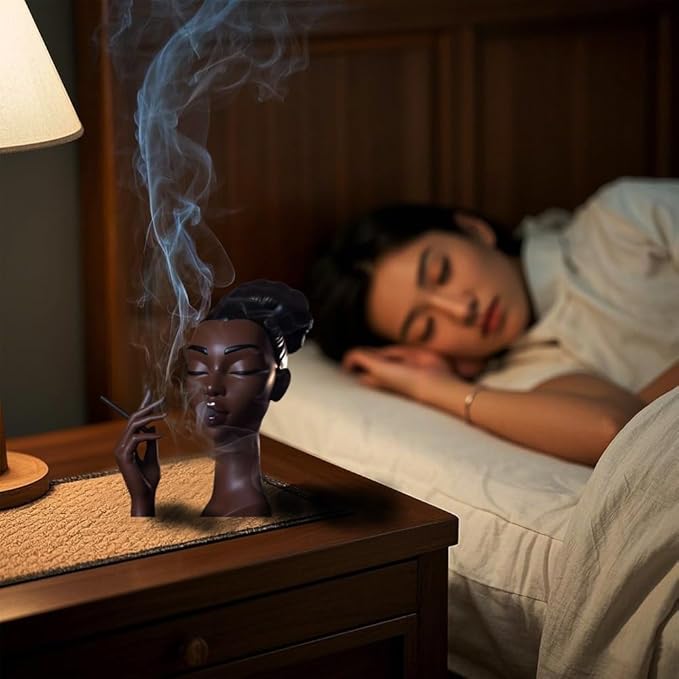 Sophisticated and Elegant Headscents-Head Incense Burner - Black Woman Smoking Head Incense Burner Design Calming Room Waterfall Decor and Unique Home Gift,Desk Decor (B)
