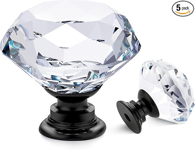 Ravinte 5 Pack Crystal Drawer Knobs - Glass Cabinet Knobs, Diamond Shaped, 30 mm with Black Base