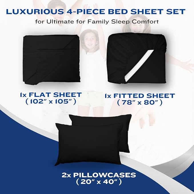 DREAMCARE Queen Size Sheets - Cooling Bed Sheets - 4pcs Set - up to 15" Deep Pocket Queen Sheet Set - Sheets Queen Size Bed - Soft & Long Lasting 100% Fine Brushed Polyester with Side Pocket - Black