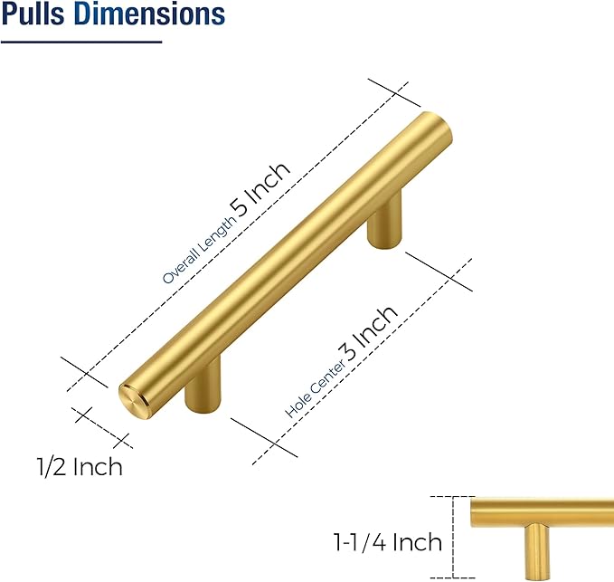 JOY DECOR 45 Pack Cabinet Handles, Gold Cabinet Pulls, 3 in Hole Center Kitchen Cabinet Handles, Stainless Steel T Bar Handles for Dresser Drawers