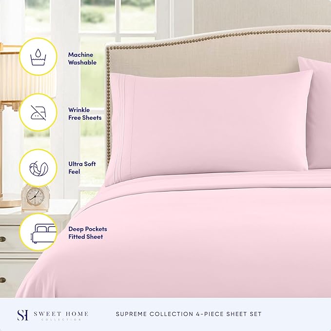 Twin XL Sheets - Breathable Luxury Sheets with Full Elastic & Secure Corner Straps Built In - 1800 Supreme Collection Extra Soft Deep Pocket Bedding Set, Sheet Set, Twin XL, Pale Pink