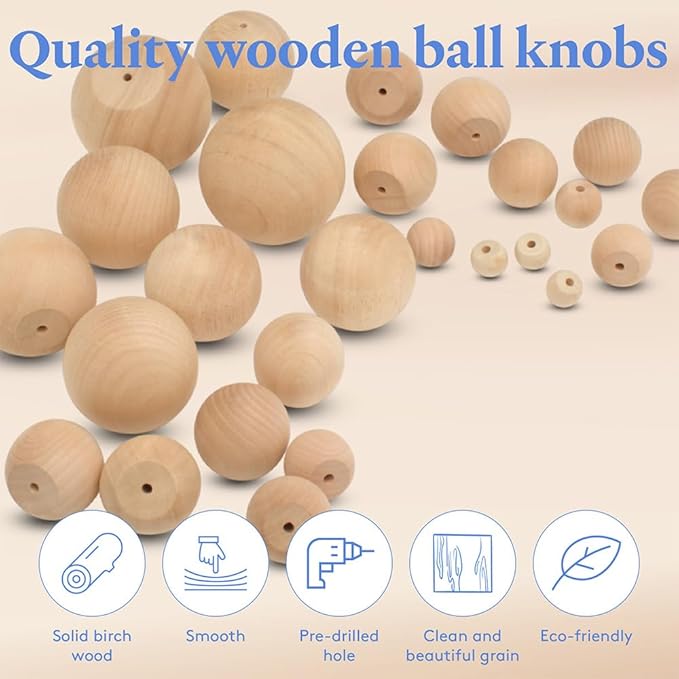 Wood Knobs, 1 Inch Round Natural Wood Drawer Pulls, Pack of 25 Unfinished Wooden Drawer Knobs, Ball Shaped Wood Cabinet Knobs, Nursery Dresser Knobs, Wood Door Knobs and Crafts