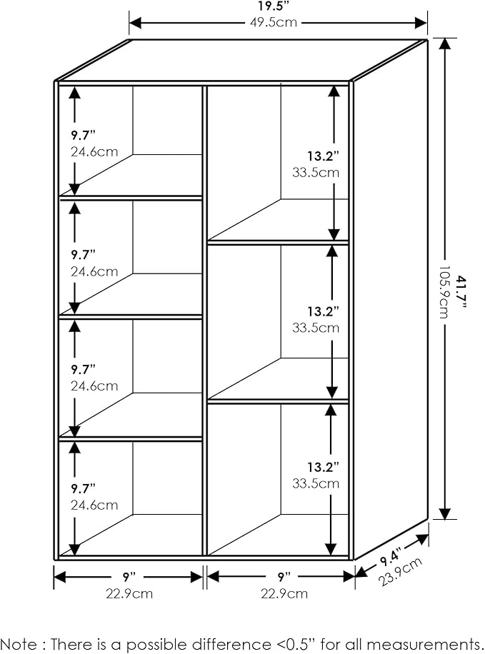 Furinno LUDER Book Shelf, 7-Cube Bookshelf, Bookcase, 9.4" x 19.5" x 41.7", for Living Room, Bedroom, Home Office, White/Pink