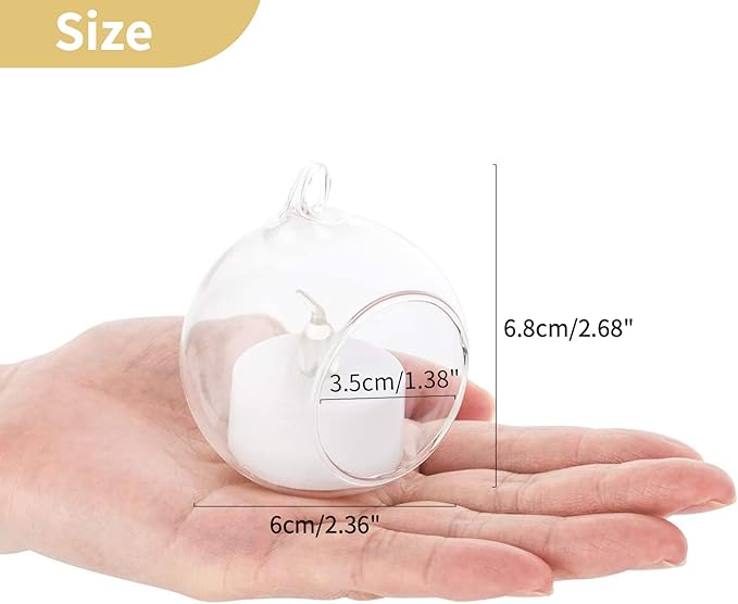 NUPTIO Mini Hanging Glass Tealight Globe Candle Holder with LED Candle, 2.36 Inches Diameter, Wedding Party Tree Decoration (36 Pcs)