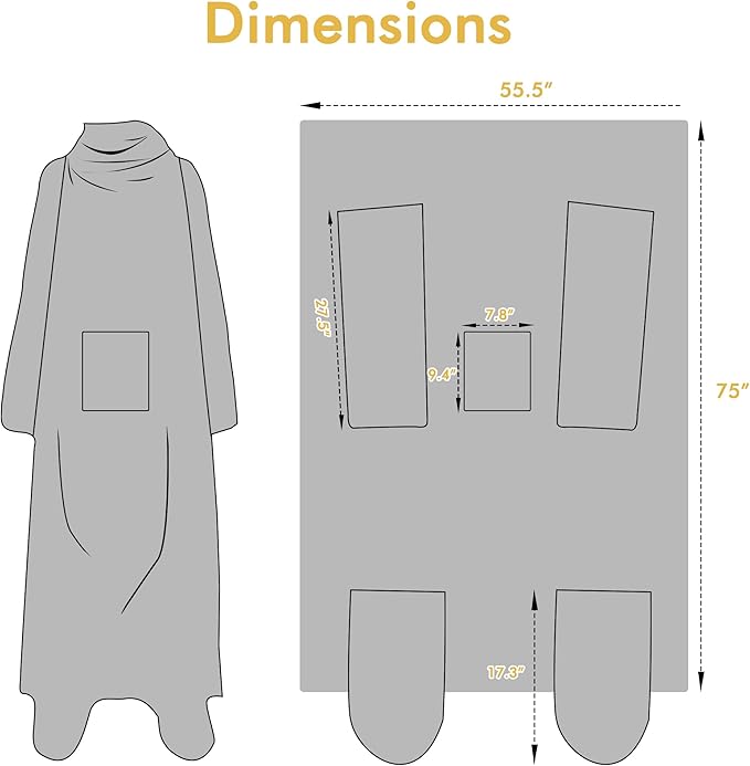 Catalonia Wearable Fleece Blanket with Sleeves and Foot Pockets for Adult Women Men, Micro Plush Comfy Wrap Sleeved Throw Blanket Robe Large, Grey