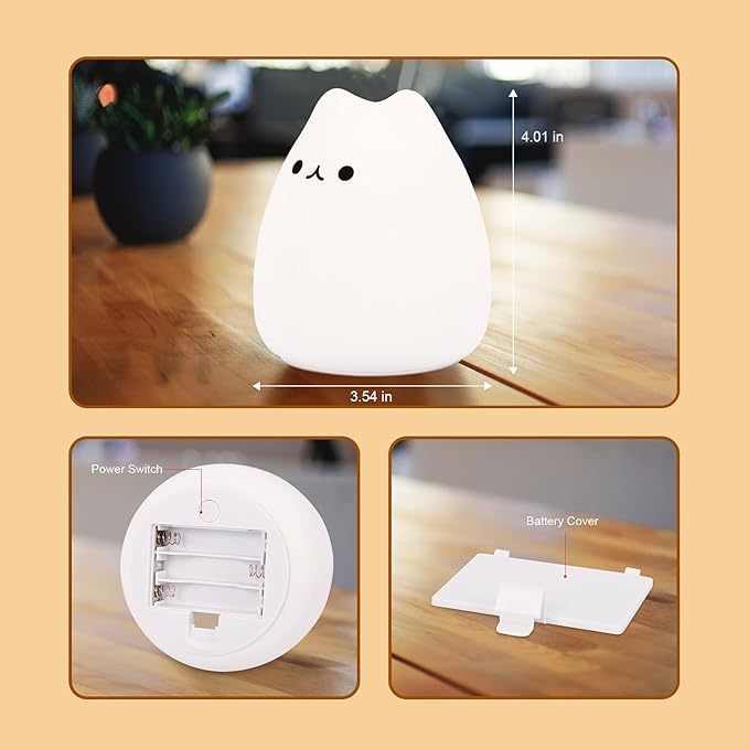 Litake LED Cat Night Light for Kids, Battery Powered Silicone Animal Cute Cat Nursery Night Lights, Portable Night Light, Ideal Multicolor Gifts for Women, Baby, Children, Toddlers, Teen Girls