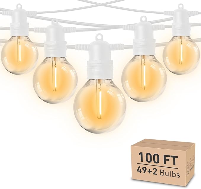 HISTAR 100FT White Outdoor String Lights with 49+2 Led Bulbs, G40 Globe Patio Lights for Backyard Porch Balcony Party Decor