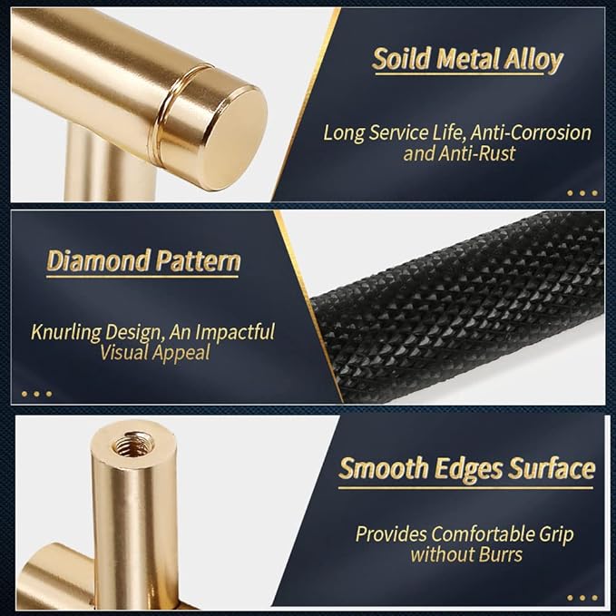 Knurled Cabinet Pulls 6 Pack, 6 Inch Long Cabinet Handles Metal Door Pulls, Kitchen Drawer Pull Knurled Dresser Handles - 5" Hole to Hole, Black & Gold