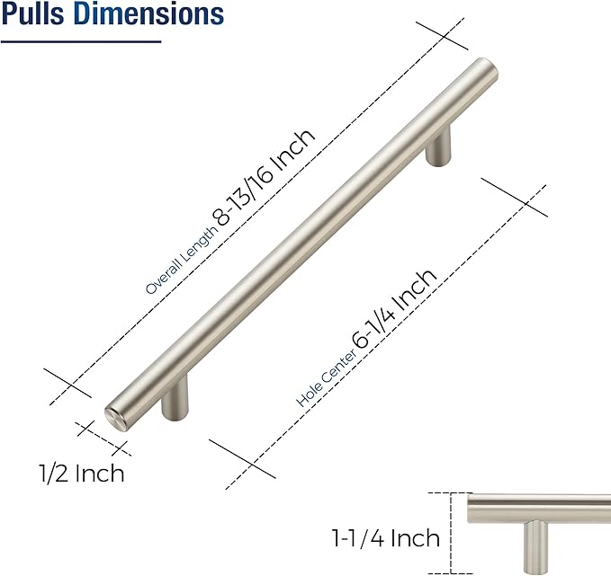 JOY DECOR 3 Pack Cabinet Handles, Brushed Nickel Cabinet Pulls, 6-1/4 in Hole Center Kitchen Cabinet Handles, Stainless Steel T Bar Handles for Dresser Drawers