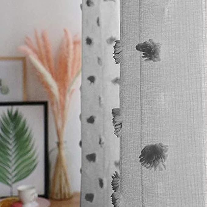 MYSKY HOME Grey Sheer Short Curtains with Pom Pom for Small Windows Bedroom Nursery Kids Girls Room Curtains Cafe Kitchen Light Filtering Boho Drapes, Rod Pocket,52 x 54 Inches, 2 Panels