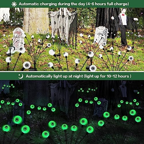 BeHiller Halloween Decorations Outdoor Solar Scary Eyeball Lights,2PACKS 12LED Green Eyeball Swaying Firefly Lights,Waterproof Solar Halloween Path Lights for Yard/Garden/Lawn/Party Decor - Image 6
