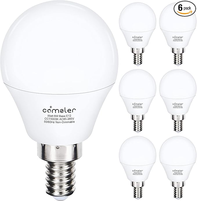 comzler Ceiling Fan Light Bulbs Candelabra LED Bulbs - 60 watt Equivalent, 5000K Daylight White Candelabra E12 Base A15 Small Light Bulbs,600lm,Non-Dimmable, Pack of 6