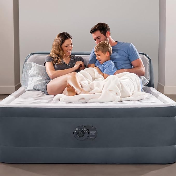 Intex 64447ED Dura-Beam Deluxe Ultra Plush Air Mattress with Headboard: Fiber-Tech – Queen Size – Built-in Electric Pump – 18in Bed Height – 600lb Weight Capacity