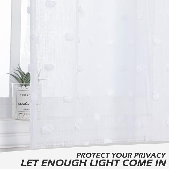 MYSKY HOME Small Curtains for Bedroom Windows Panels Light Filtering White Pom Pom Sheer Curtains 63 Inch Long for Nursery Girls Room Rod Pocket Kitchen Voile Drapes 52 x 63 inch 2 Sets