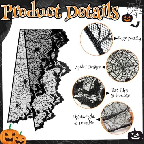 Black Lace Cobweb Halloween Fireplace Mantel Scarf Cover Decor, 18x96 in - Image 3