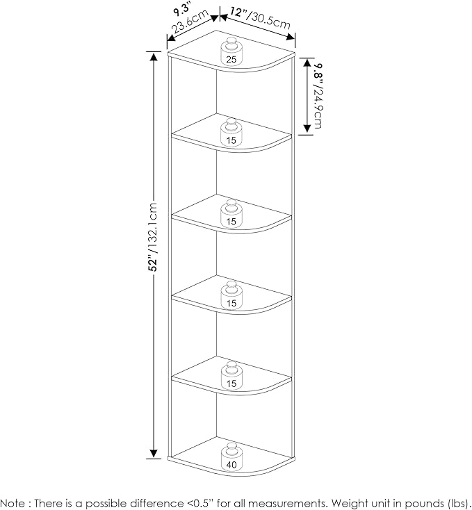 Furinno PASIR Book Shelf, 5-Tier Corner Bookshelf, Open Shelves Bookcase 9.3" x 12" x 51.7", for Living Room, Bedroom, Home Office, French Oak