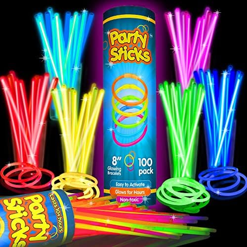 PartySticks Glow Sticks Party Supplies 100pk - 8 Inch Glow in the Dark Light Up Sticks Party Favors, Glow Party Decorations, Neon Party Glow Necklaces and Glow Bracelets with Connectors by PartySticks
