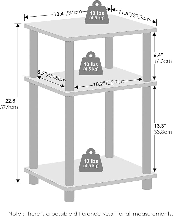 Furinno Just Turn-N-Tube Open Storage Nightstand, 1 Pack, 3-Tier, White/White