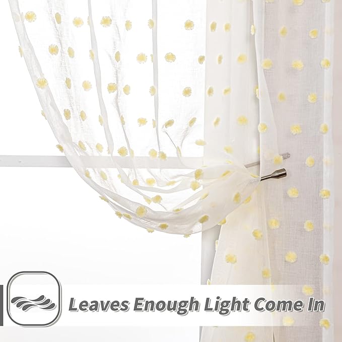 MYSKY HOME Kitchen Curtains 54 Inch Long Small Window Curtains for Bathroom Cafe Bedroom Yellow Pom Pom Curtains for Nursery Boys Room Rod Pocket 2 Pieces Drapes 52 x 54 inch Length
