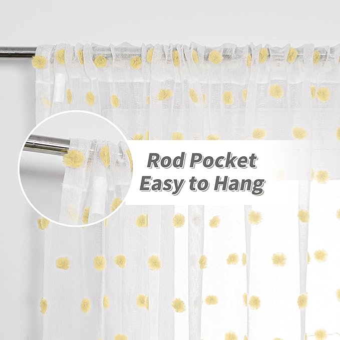 MYSKY HOME Kitchen Curtains 54 Inch Long Small Window Curtains for Bathroom Cafe Bedroom Yellow Pom Pom Curtains for Nursery Boys Room Rod Pocket 2 Pieces Drapes 52 x 54 inch Length