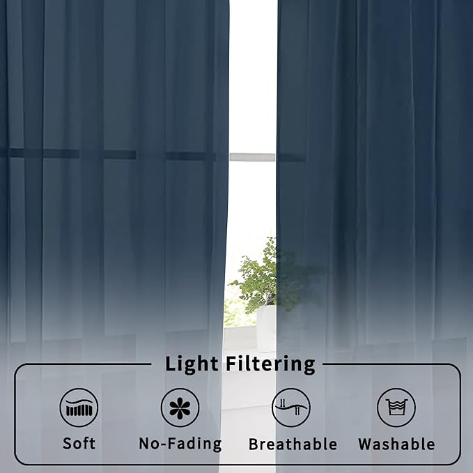 Aiyufneg Small Sheer Tier Curtains Half Kitchen Curtain Sheers, Light Filtering Farmhouse 24 Inch Window Panels Rod Pocket Navy Blue Voile Short Curtain for Bathroom, 40W x 24L, Set of 2 Panels