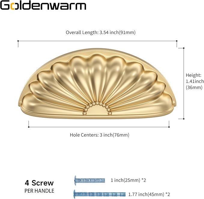 goldenwarm 2 Pack Gold Cabinet Handles Drawer Pulls Finger Edge Pull for Half Moon Cup Luxury Hardware 3" Hole Center Brushed Brass Knobs
