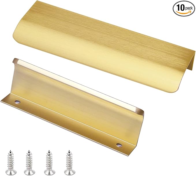 JOOJA 10 Pack Modern Style Finger Edge Pull Furniture DrawerHandles Hidden Cabinet Kitchen Drawer Handles Knobs, Brushed Brass 300(256) mm