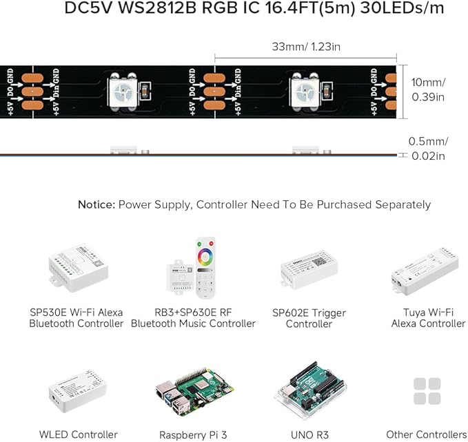 BTF-LIGHTING WS2812B RGB ECO LED Strip, Chasing Effects 5050SMD Individually Addressable 16.4FT 30Pixels/m 150Pixels Flexible Dream Color IP65 for Bedroom DIY Projects DC5V(No Adapter or Controller)