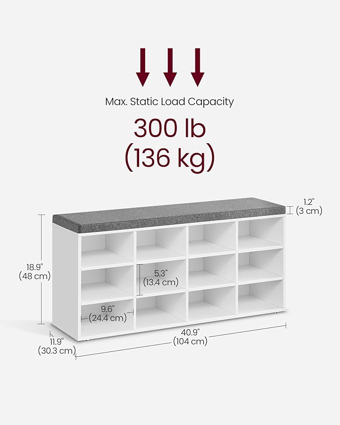 VASAGLE CUSTOS Collection - Shoe Bench, Storage Bench with Padded Seat, Entryway Bench with 12 Compartments, for Bedroom, 11.9 x 40.9 x 18.9 Inches, Cloud White and Slate Gray ULHS012W14